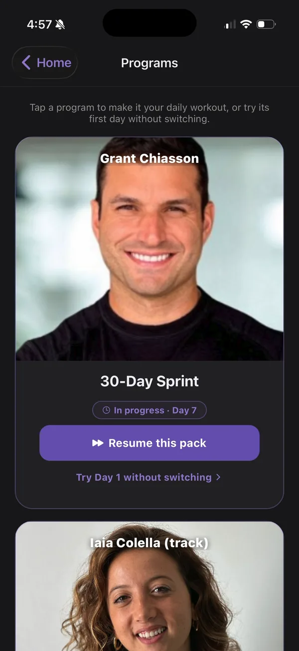 Programs screen in Relentless with Grant Chiasson's 30-Day Sprint in progress