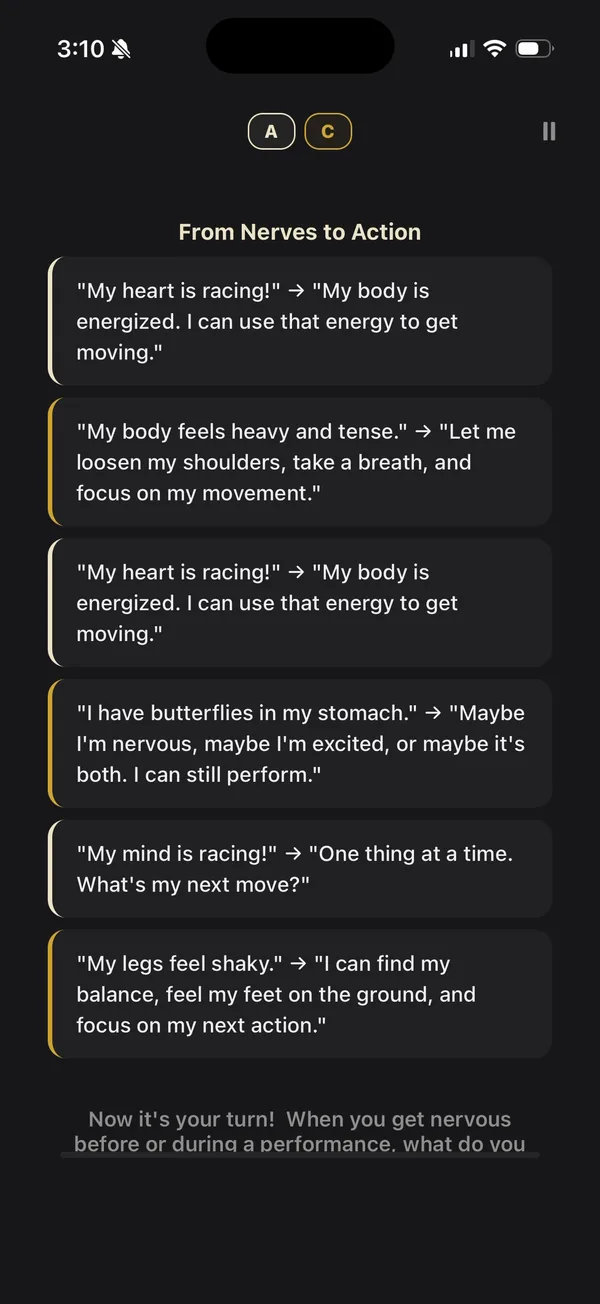 From Nerves to Action exercise in Relentless, reframing thoughts like my heart is racing into my body is energized